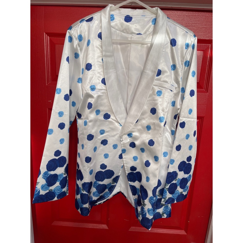 Mens Blue Rose Floral Polka Dot Satin Blazer White Single Button Jacket Large